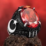 Ay Yıldız Motifli Kırmızı Zirkon Taşlı 925 Ayar Gümüş Erkek Yüzük