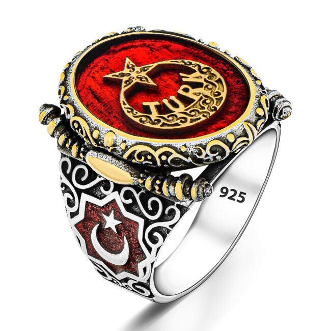 Türk Yazılı Hilal Motifli Kırmızı Mine 925 Ayar Gümüş Erkek Yüzük