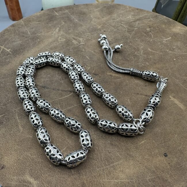 El Işçiliği Hafif Ve Şık Fizyon Kapsül Kesim Oksitli Tesbih - 925 Ayar Gümüş - 28 gram 26 Cm