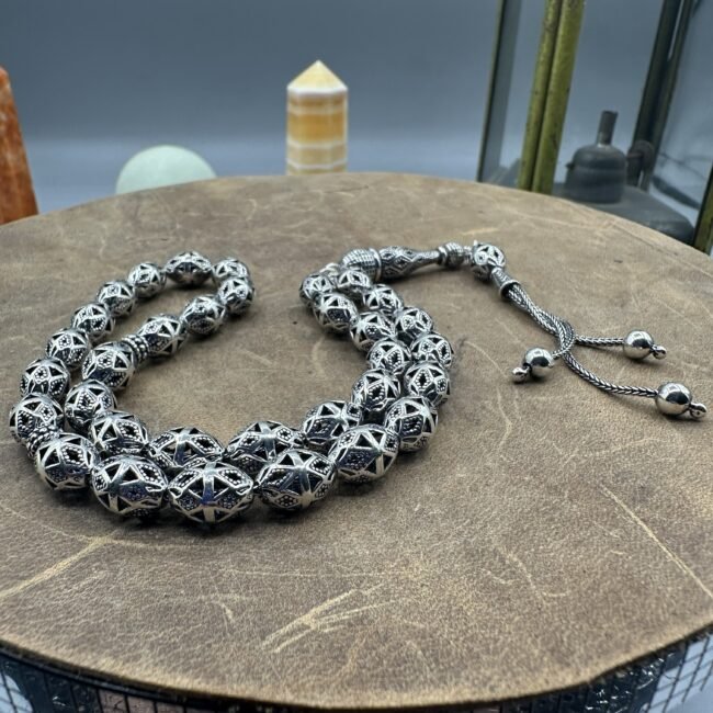 El Işçiliği Hafif Ve Şık Fizyon Arpa Kesim Oksitli Tesbih - 925 Ayar Gümüş - 23 gram 26 Cm