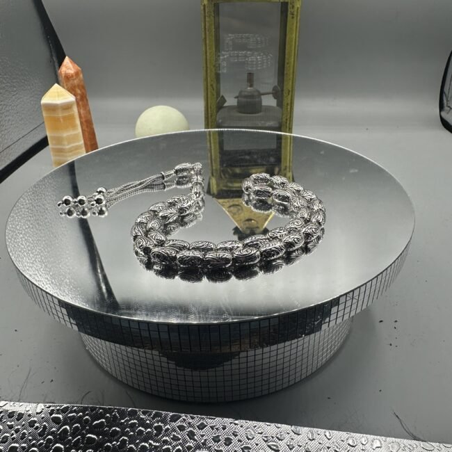 El Işçiliği Hafif Ve Şık Fizyon Arpa Kesim Oksitli Tesbih - 925 Ayar Gümüş - 33 gram 26 Cm