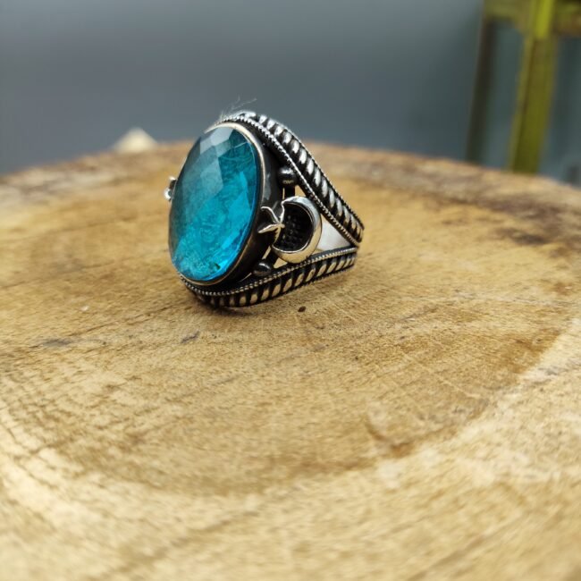 Turkuaz Taşlı Kenarları Hilal Detaylı 925 Ayar Gümüş Erkek Yüzük 15.45 gram