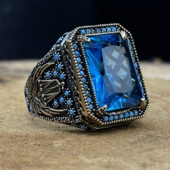 Aqua Blue Taşlı 925 Ayar Gümüş Yüzük – El İşçiliği, 16 Gram Özel Tasarım