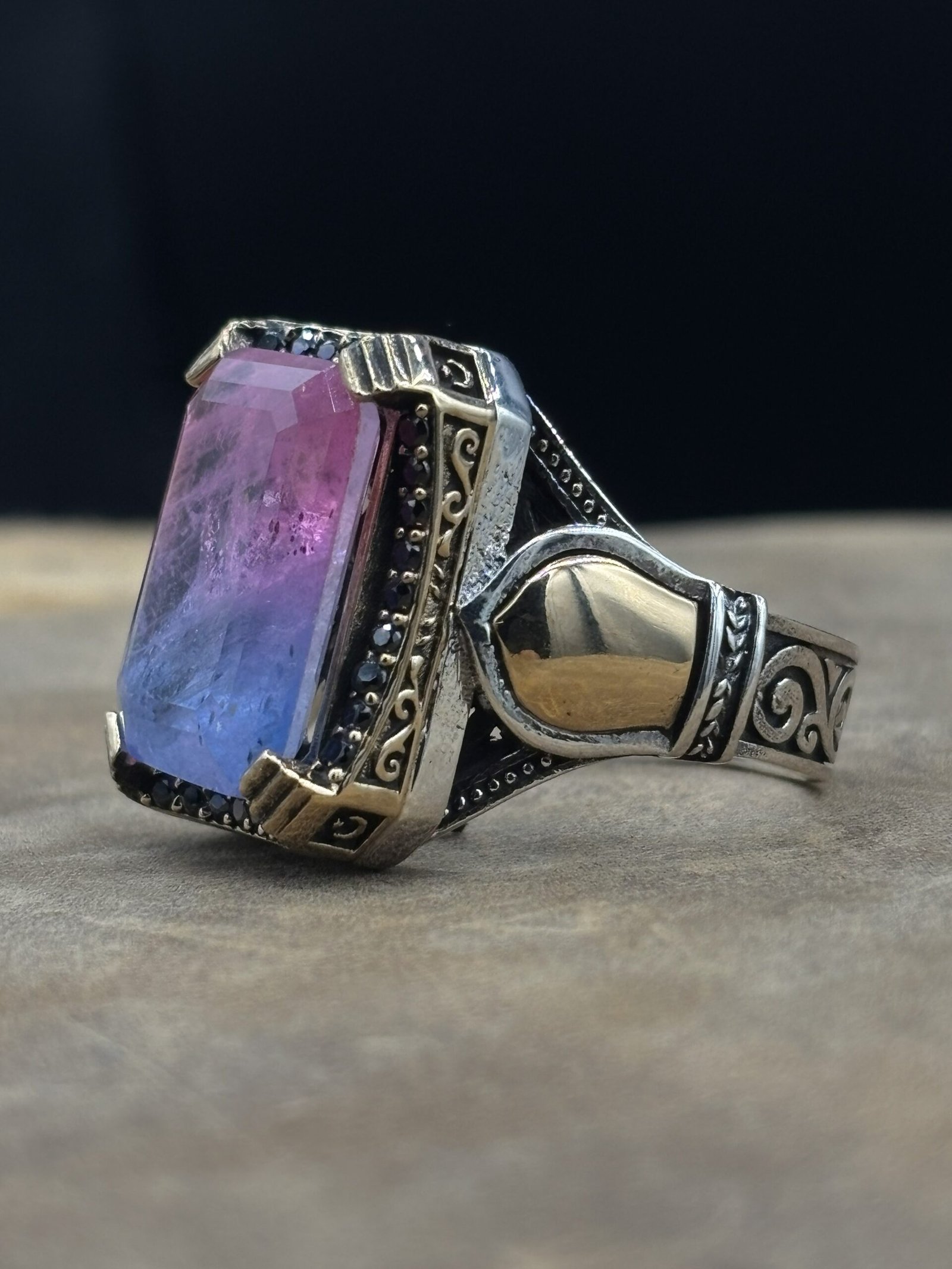 Erkek Ametist Safir Taşlı 925 Ayar Gümüş Yüzük – El İşçiliği, 15 Gram Özel Tasarım - Görsel 2