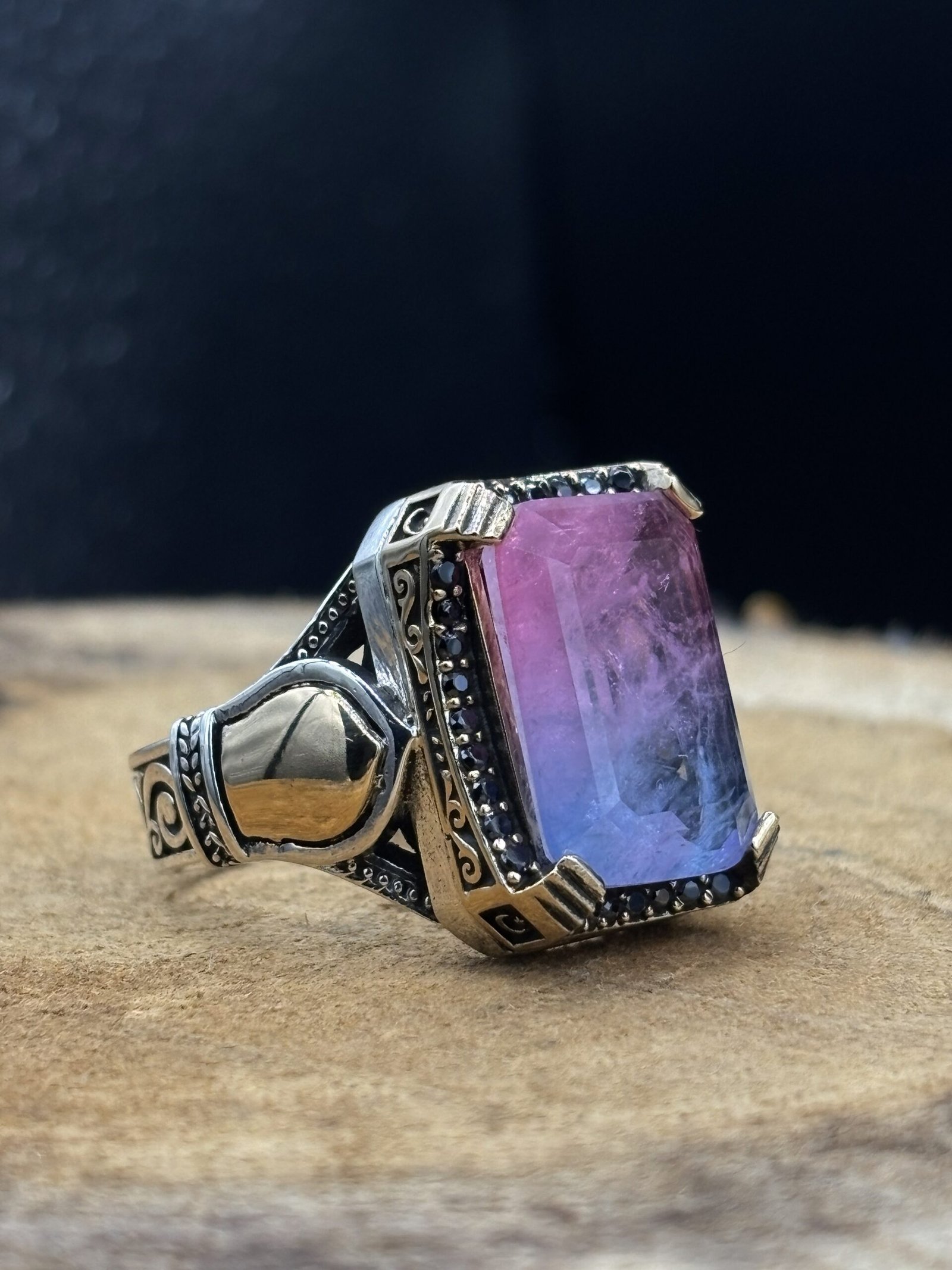 Erkek Ametist Safir Taşlı 925 Ayar Gümüş Yüzük – El İşçiliği, 15 Gram Özel Tasarım - Görsel 4