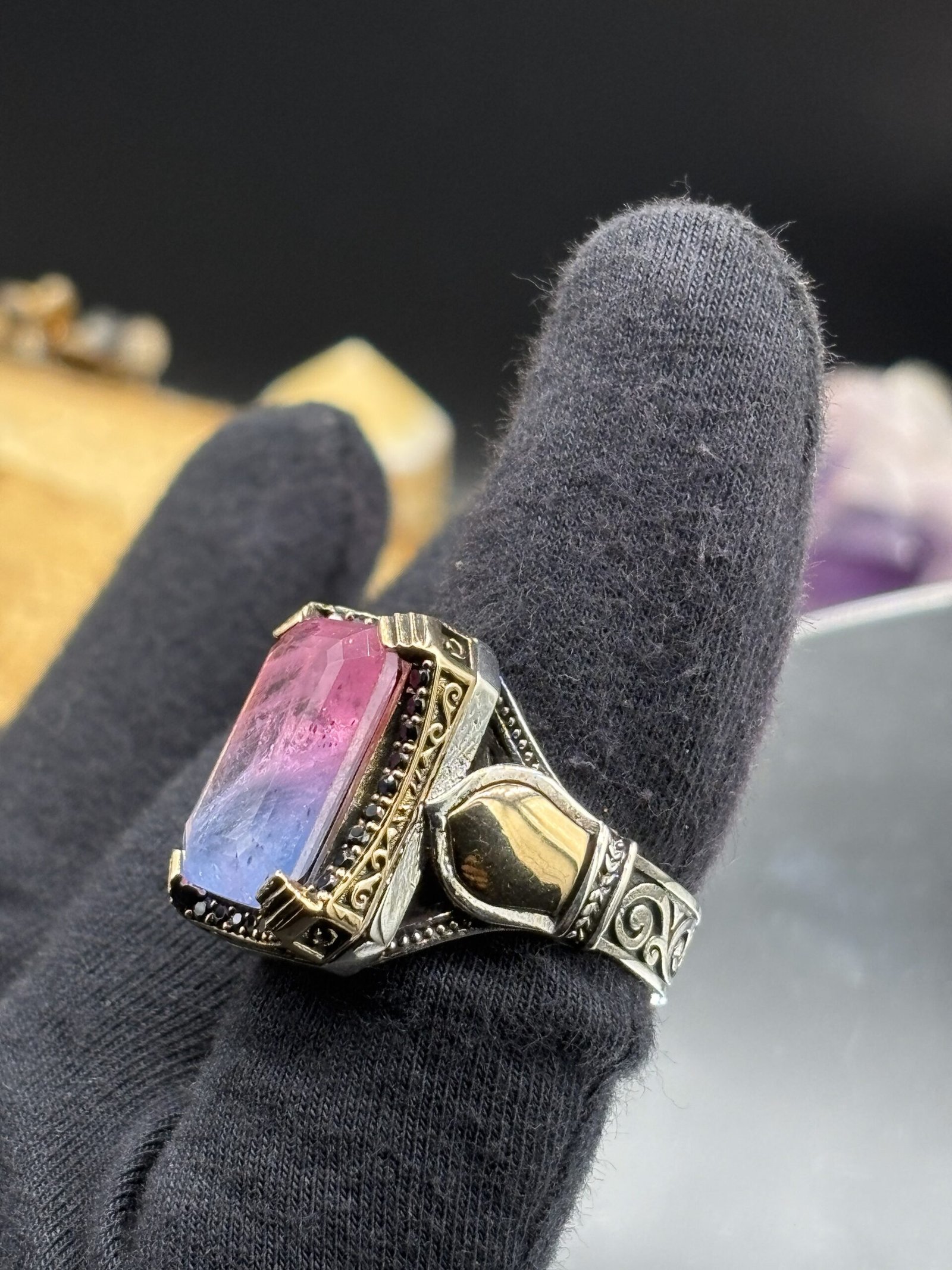 Erkek Ametist Safir Taşlı 925 Ayar Gümüş Yüzük – El İşçiliği, 15 Gram Özel Tasarım