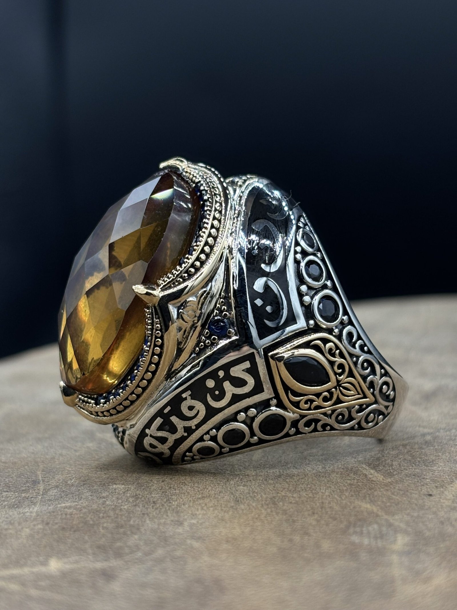 Erkek Sarı Sitrin Taşlı 925 Ayar Gümüş Yüzük – El İşçiliği, 23 Gram Özel Tasarım - Görsel 2