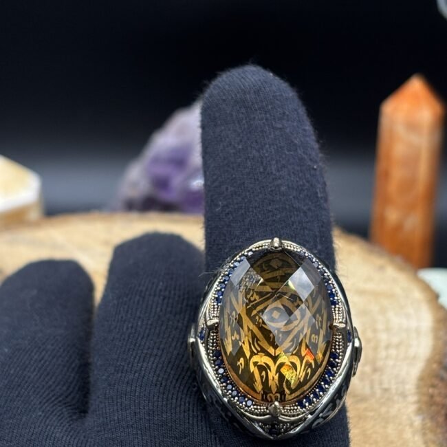 Erkek Sarı Sitrin Taşlı 925 Ayar Gümüş Yüzük – El İşçiliği, 23 Gram Özel Tasarım