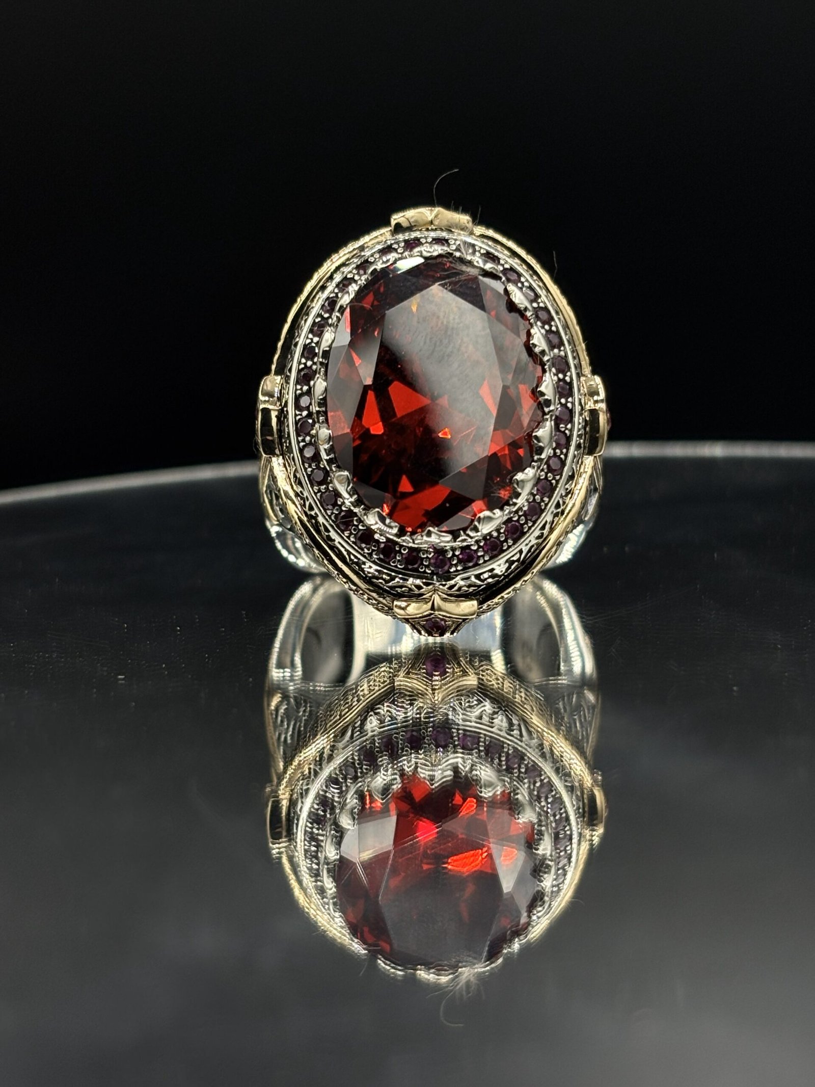 Özel Tasarım 925 Ayar Gümüş Kırmızı Zirkon Taşlı Erkek Yüzük – 24 gr | El İşçiliği - Görsel 3