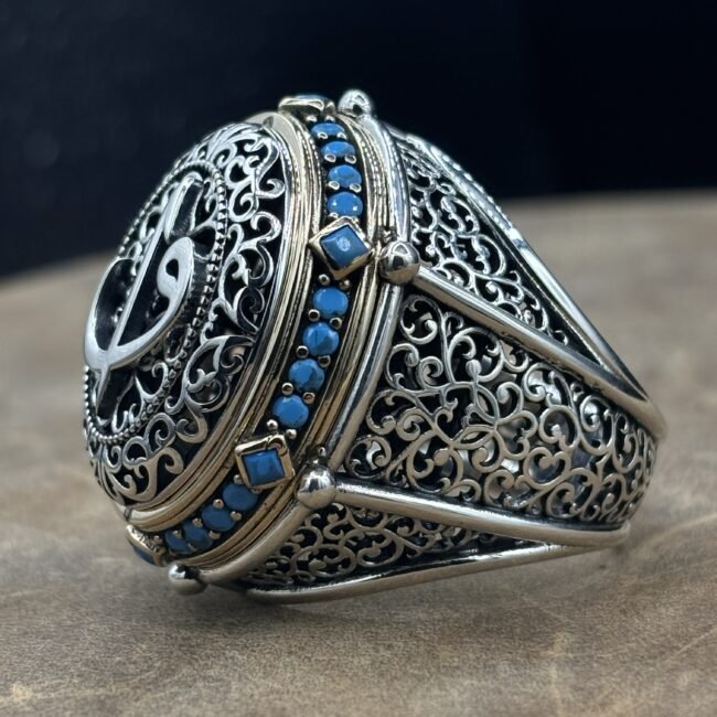 Arapça Elif & Vav Harfli Özel Tasarım 925 Ayar Gümüş Erkek Yüzük – 26 gr