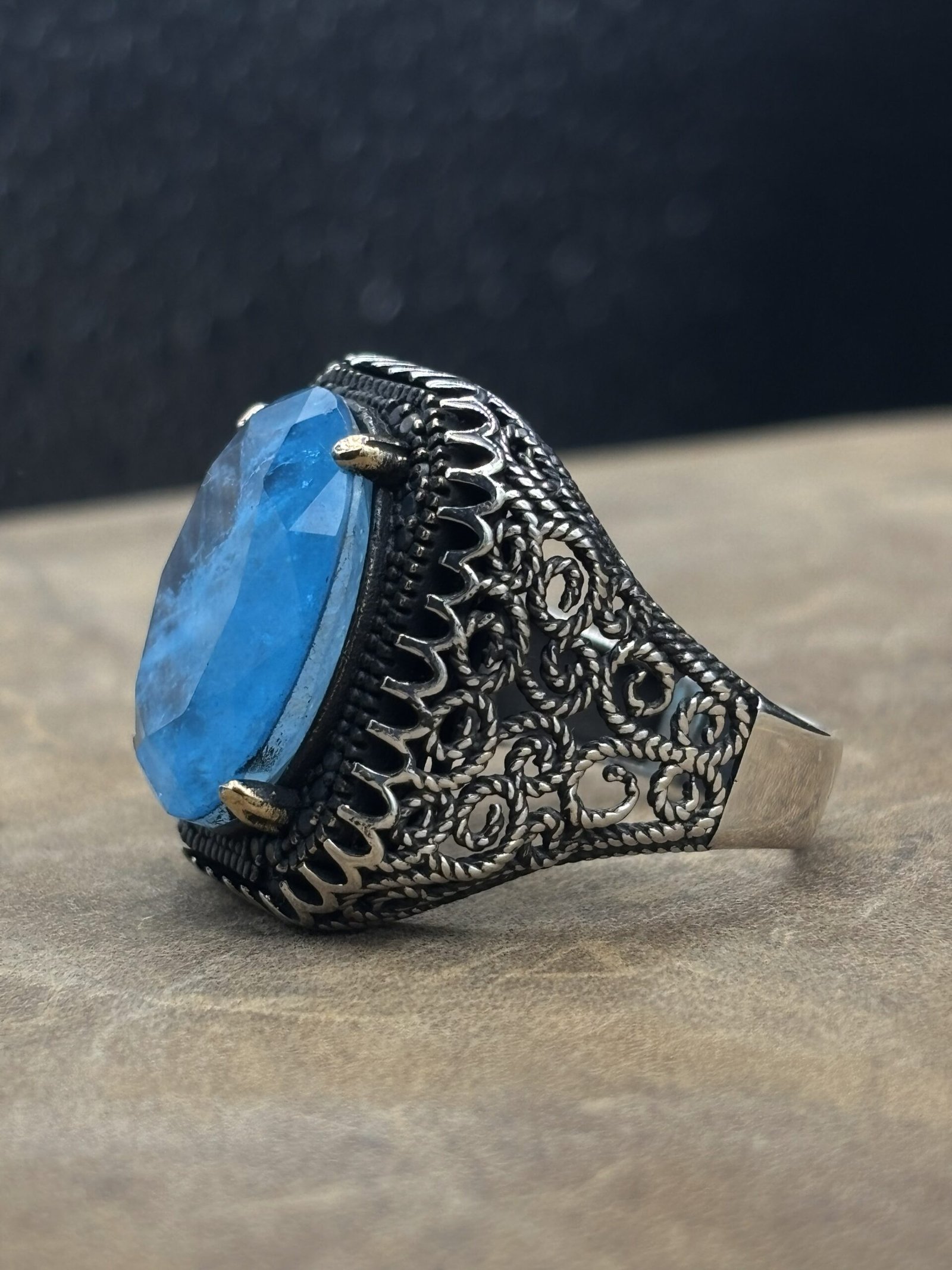 Aqua Marine Taşlı Özel Tasarım 925 Ayar Gümüş Erkek Yüzük – 20 gr - Görsel 2