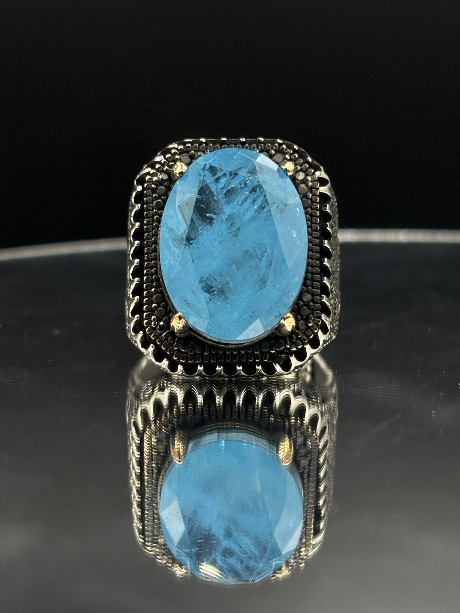 Aqua Marine Taşlı Özel Tasarım 925 Ayar Gümüş Erkek Yüzük – 20 gr - Görsel 3