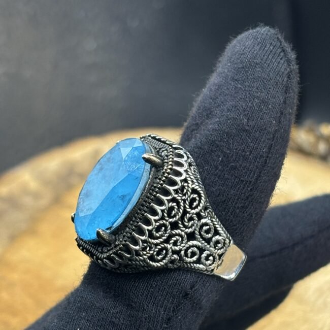 Aqua Marine Taşlı Özel Tasarım 925 Ayar Gümüş Erkek Yüzük – 20 gr