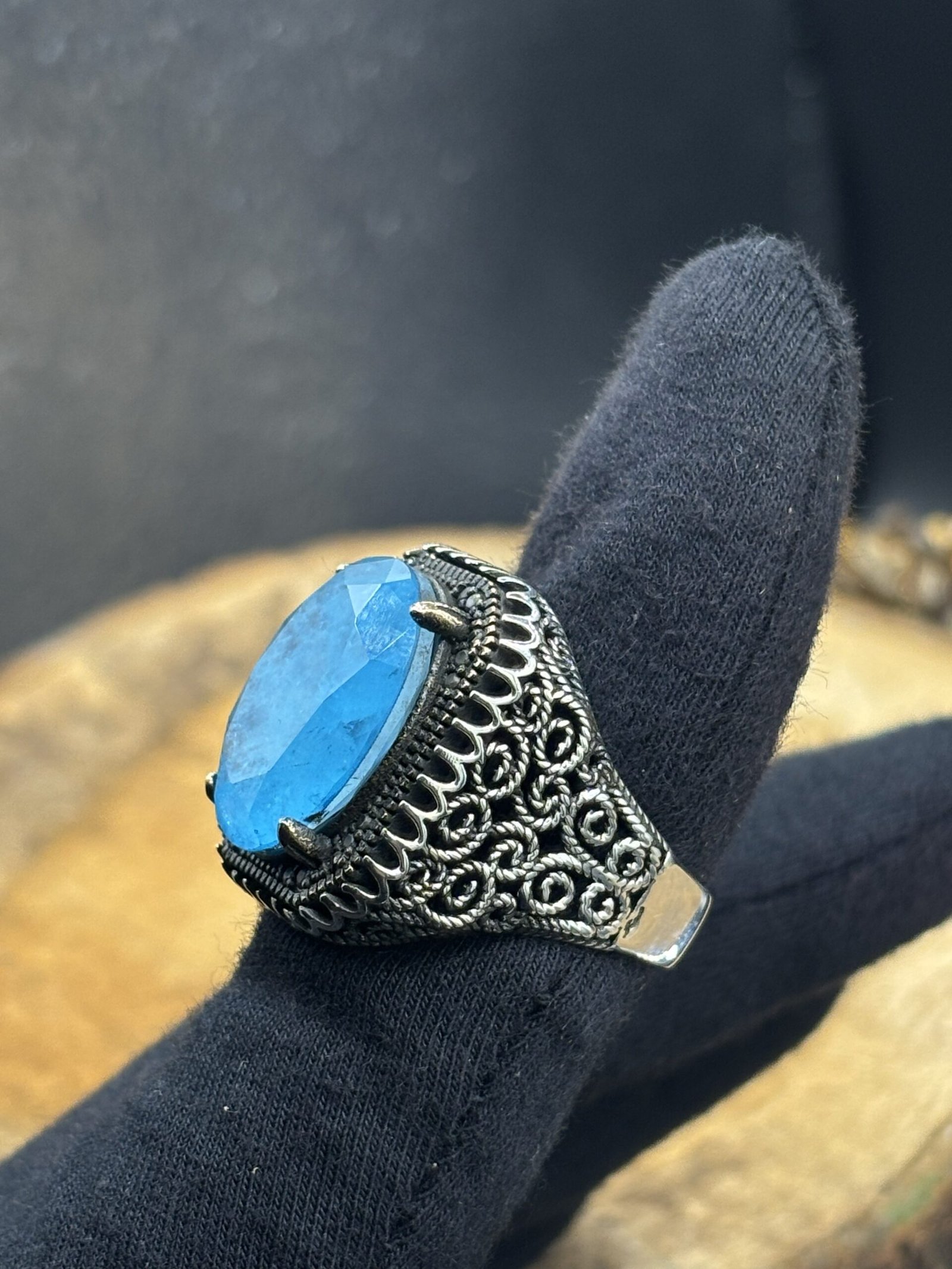 Aqua Marine Taşlı Özel Tasarım 925 Ayar Gümüş Erkek Yüzük – 20 gr