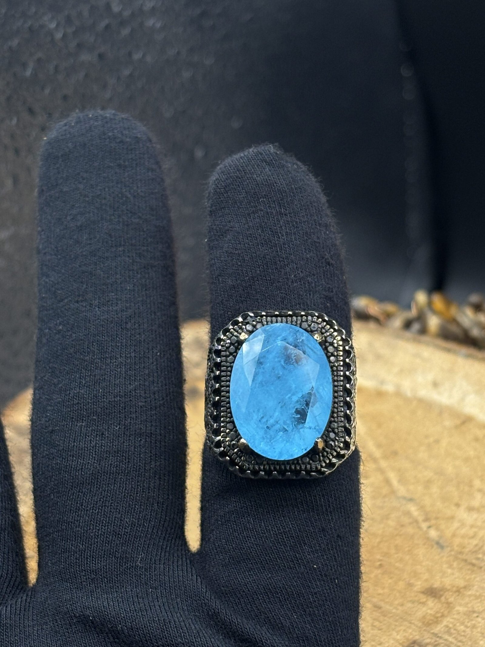 Aqua Marine Taşlı Özel Tasarım 925 Ayar Gümüş Erkek Yüzük – 20 gr - Görsel 6