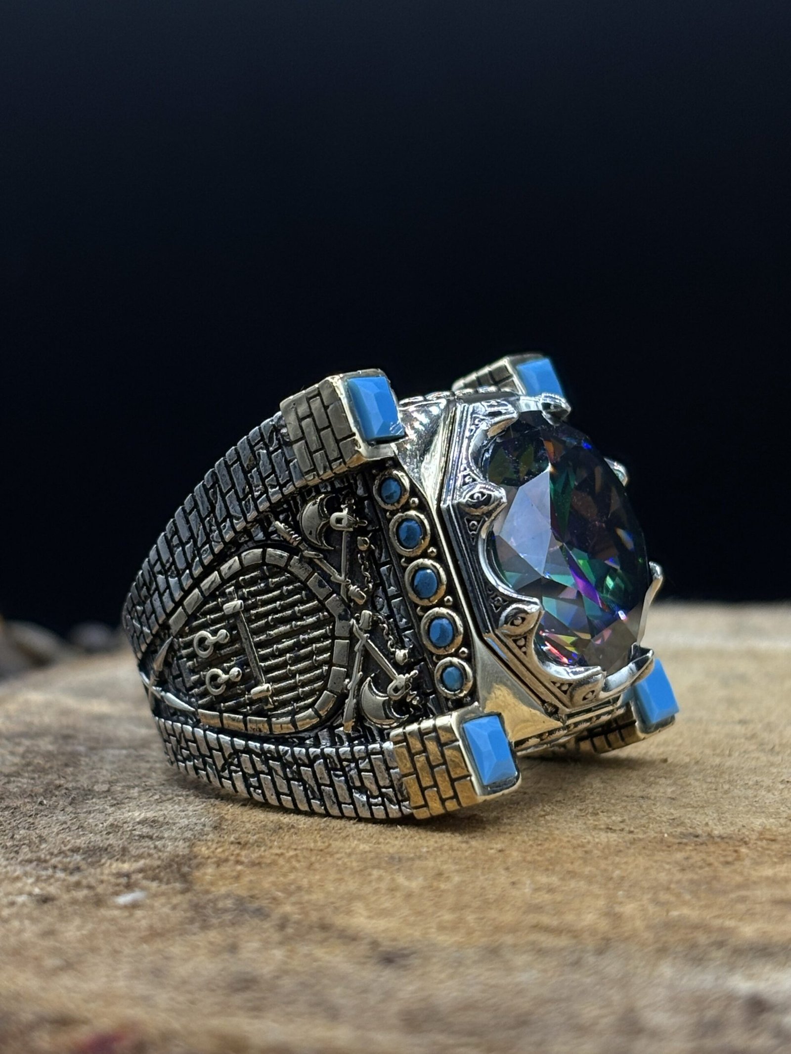 Erkek Mistik Topaz Taşlı 925 Ayar Gümüş Yüzük – El İşçiliği, 42 Gram Özel Tasarım - Görsel 4