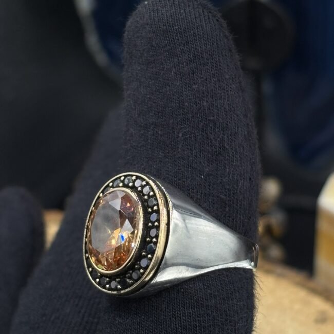 Erkek Sitrin Taşlı 925 Ayar Gümüş Yüzük – El İşçiliği, 13 Gram Özel Tasarım