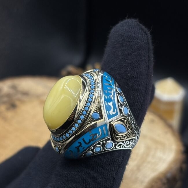 Damla Kehribar Taşlı 925 Ayar Gümüş Yüzük – El İşçiliği, 26 Gram Özel Tasarım