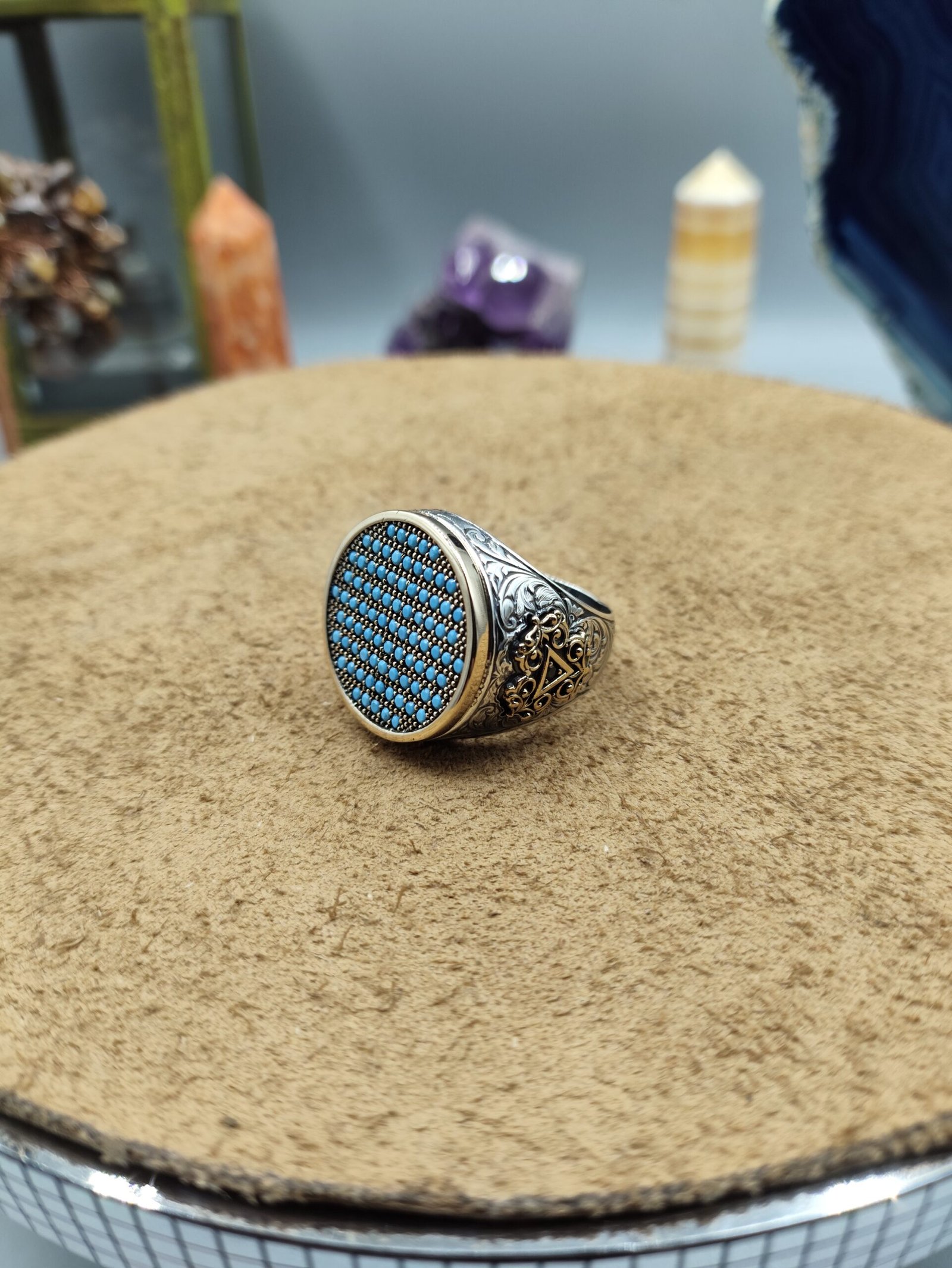 Erkek Turkuaz Taşlı 925 Ayar Gümüş Yüzük – El İşçiliği, Zirkon Detaylı, 17 Gram - Görsel 5