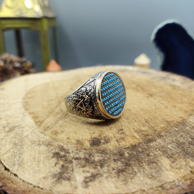 Erkek Turkuaz Taşlı 925 Ayar Gümüş Yüzük – El İşçiliği, Zirkon Detaylı, 17 Gram
