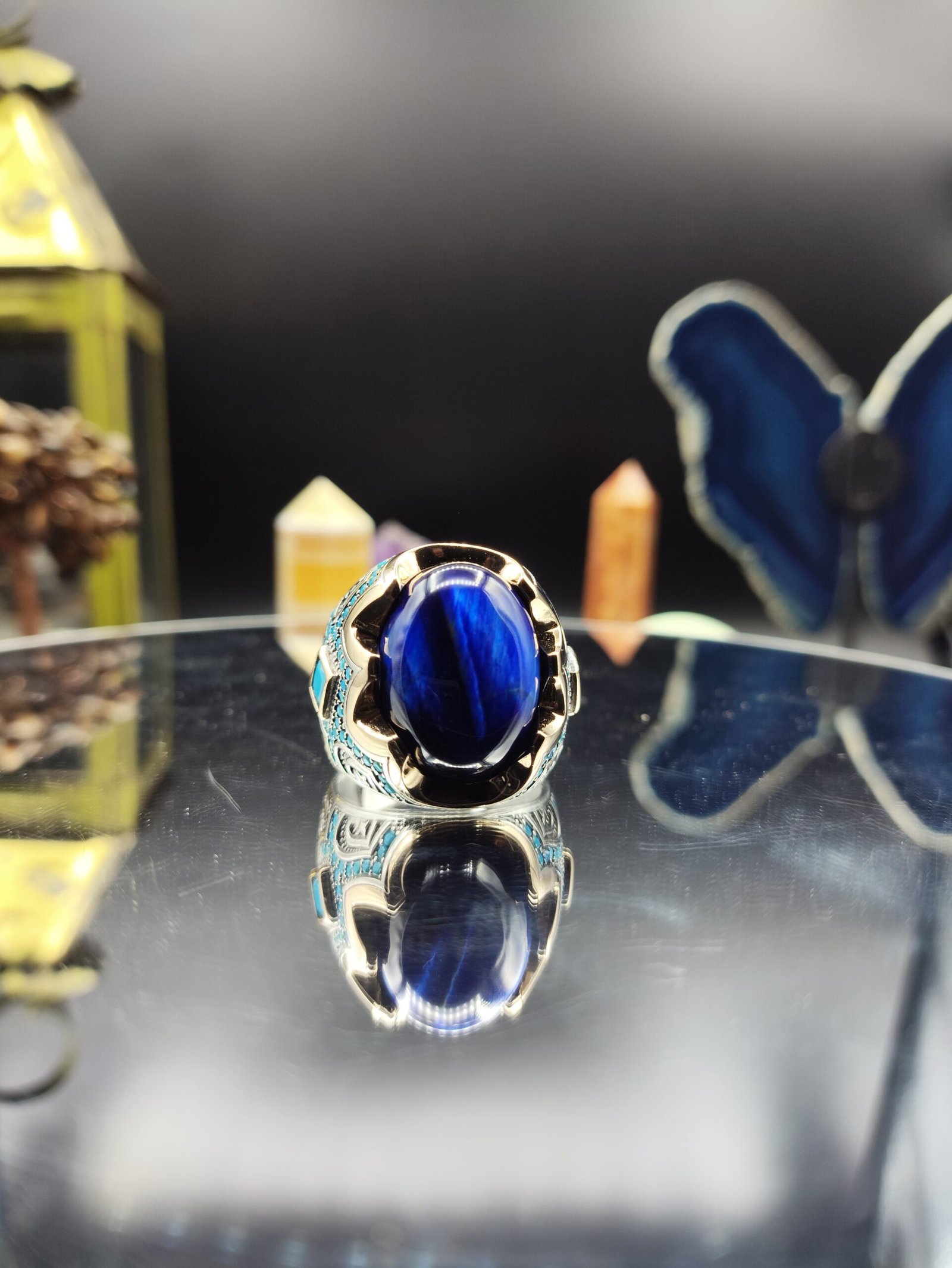 Erkek Mavi Kaplan Gözü Taşlı 925 Ayar Gümüş Yüzük – Yanları Zirkon İşlemeli, El İşçiliği, 20 Gram - Görsel 3