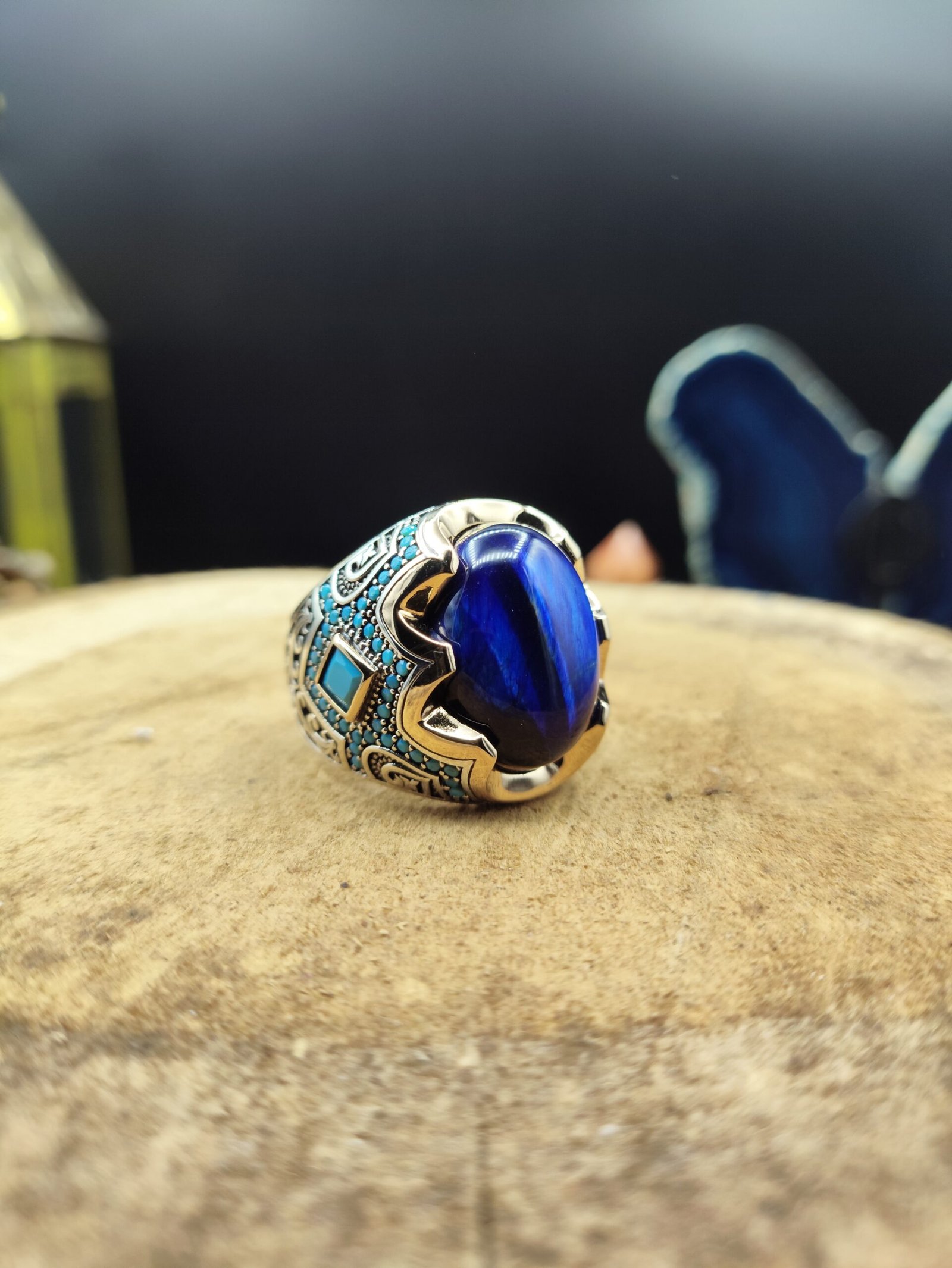 Erkek Mavi Kaplan Gözü Taşlı 925 Ayar Gümüş Yüzük – Yanları Zirkon İşlemeli, El İşçiliği, 20 Gram - Görsel 6