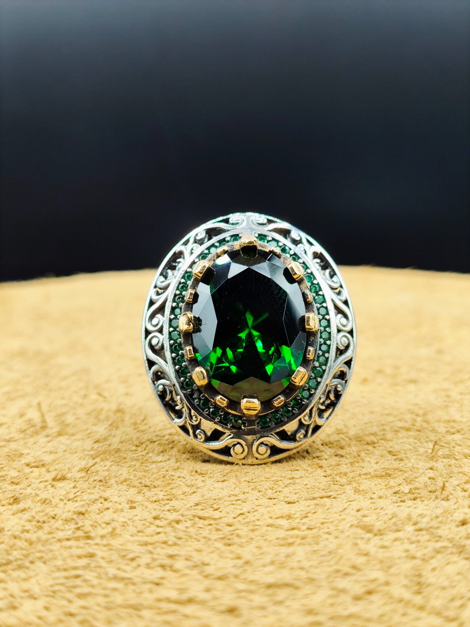 21 Gram 925 Ayar Gümüş Yeşil Zirkon Taşlı Erkek Yüzük - Görsel 2