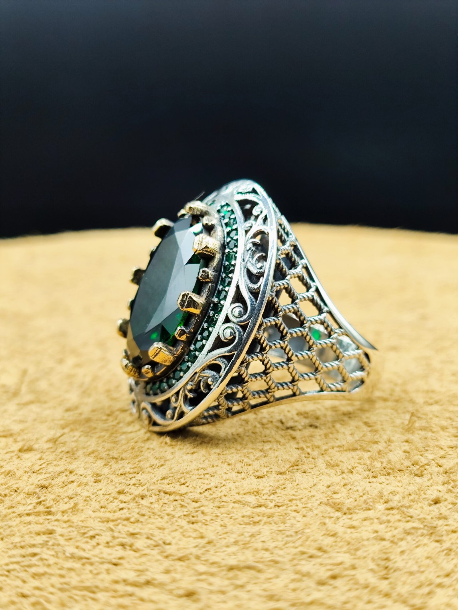 21 Gram 925 Ayar Gümüş Yeşil Zirkon Taşlı Erkek Yüzük - Görsel 3