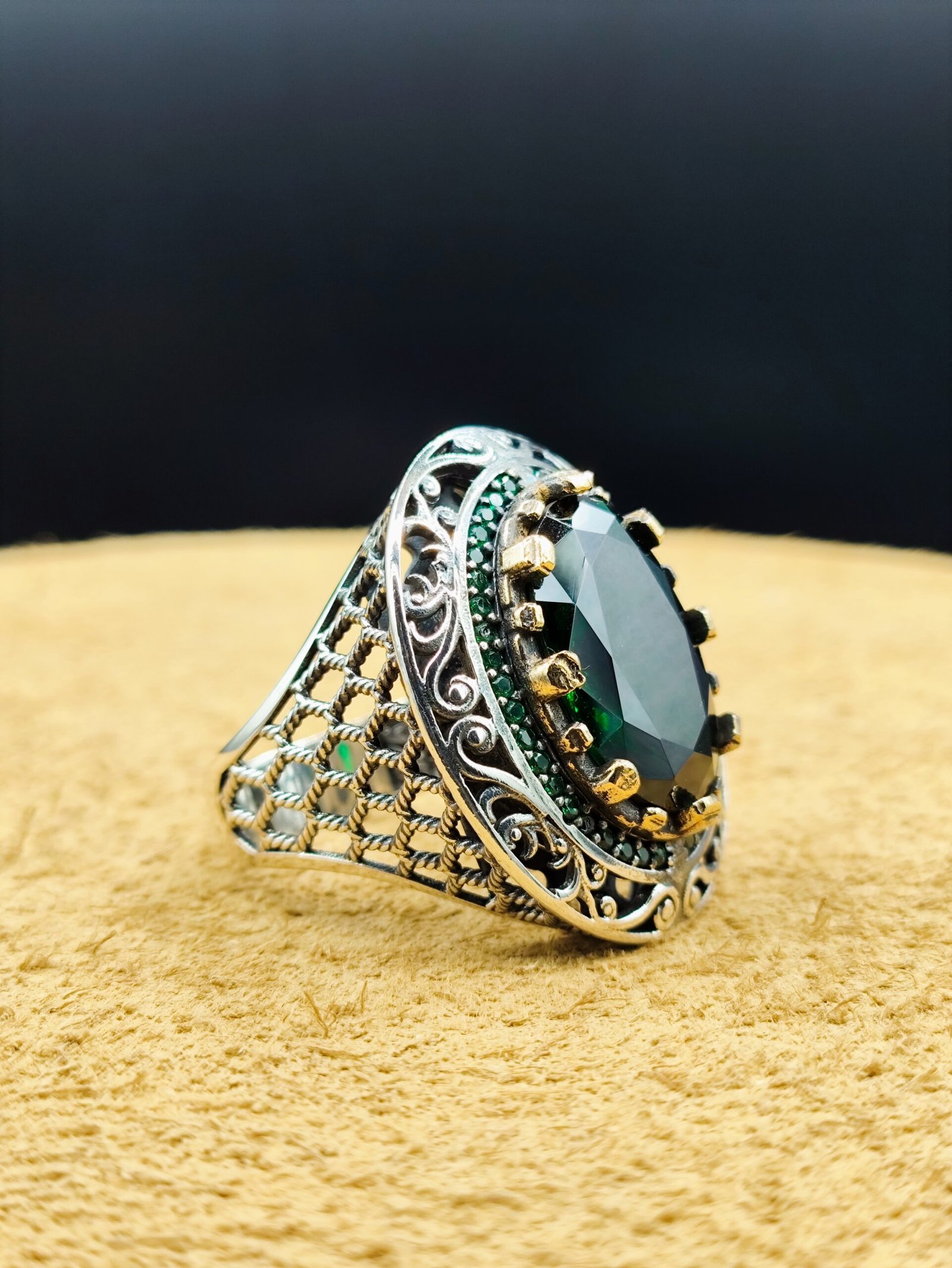 21 Gram 925 Ayar Gümüş Yeşil Zirkon Taşlı Erkek Yüzük - Görsel 4