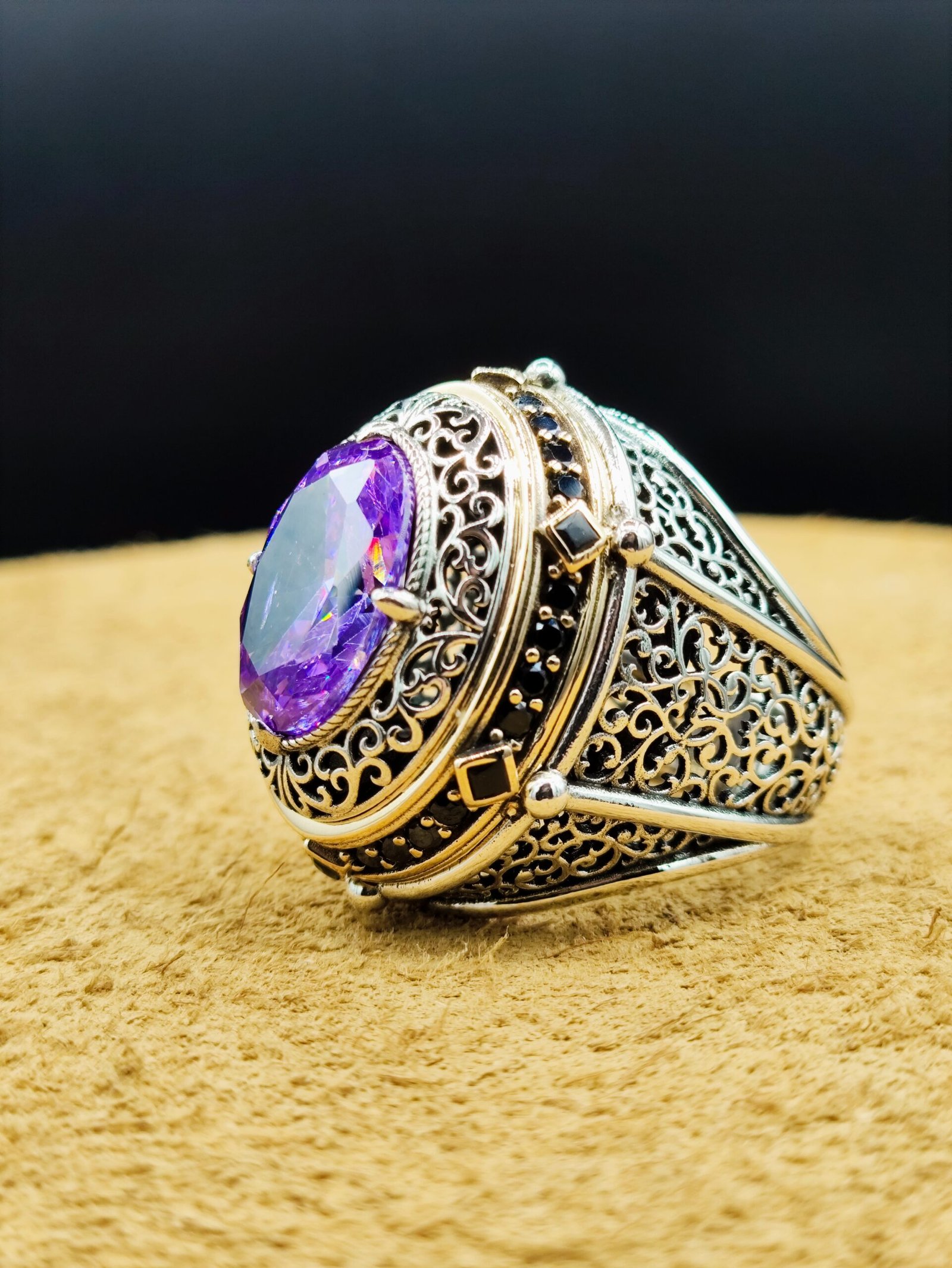 925 Ayar Gümüş Ametist Taşlı Erkek Yüzük – 29 Gram - Görsel 3