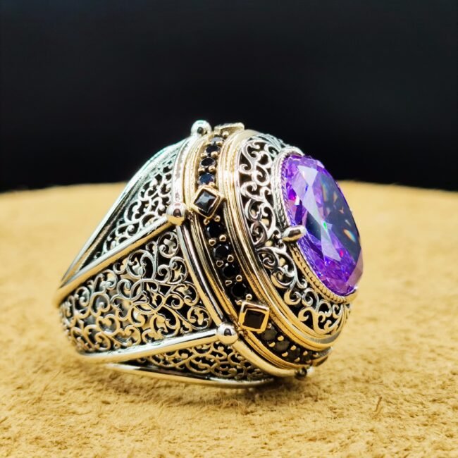 925 Ayar Gümüş Ametist Taşlı Erkek Yüzük – 29 Gram