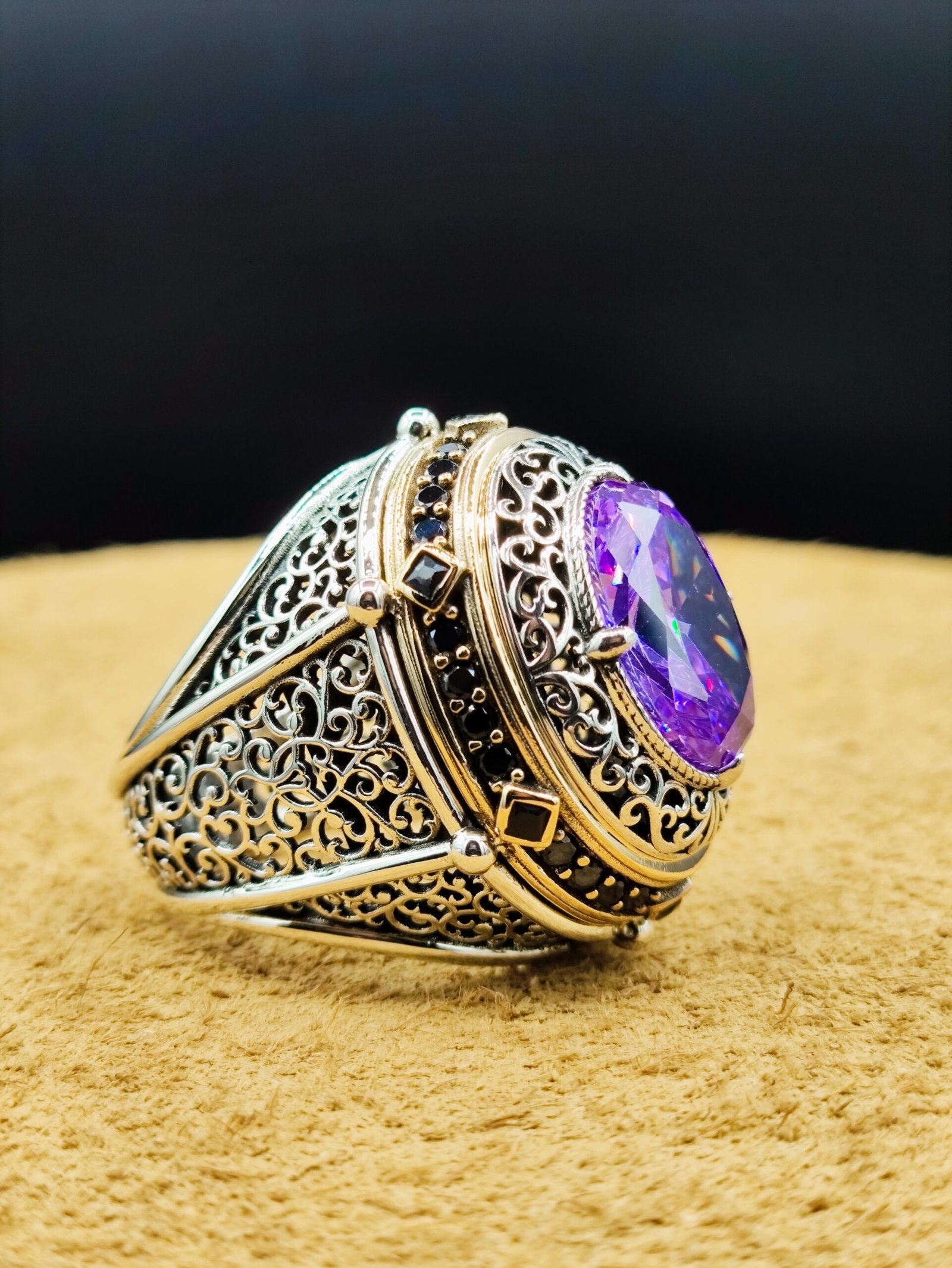 925 Ayar Gümüş Ametist Taşlı Erkek Yüzük – 29 Gram