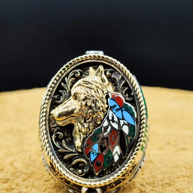 42 Gram Kurt Başlı Mineli 925 Ayar Gümüş Erkek Yüzük – Etnik Motifli Oval Tasarım