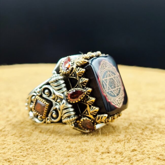 Süleyman Mührü İşlemeli 25 Gram 925 Ayar Gümüş Erkek Yüzük – Akik Taşlı Otantik Model