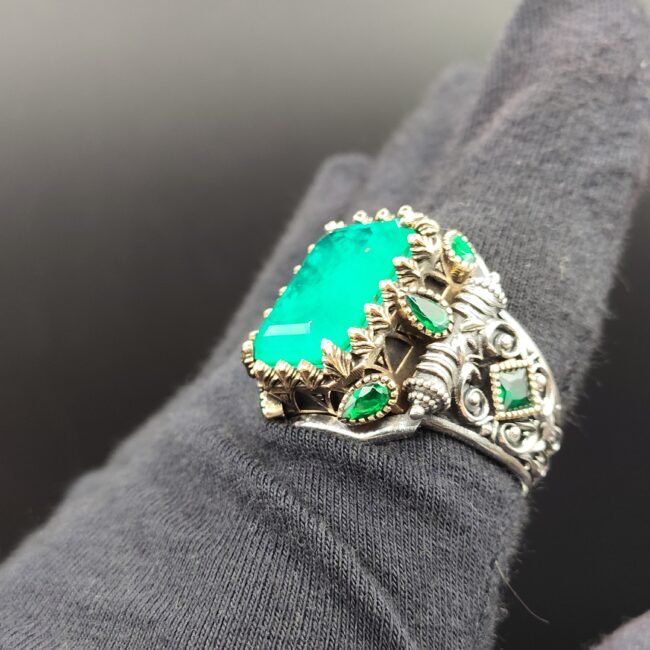 24 Gram Mavi-Yeşil Zümrüt Görünümlü Taşlı 925 Ayar Gümüş Erkek Yüzük