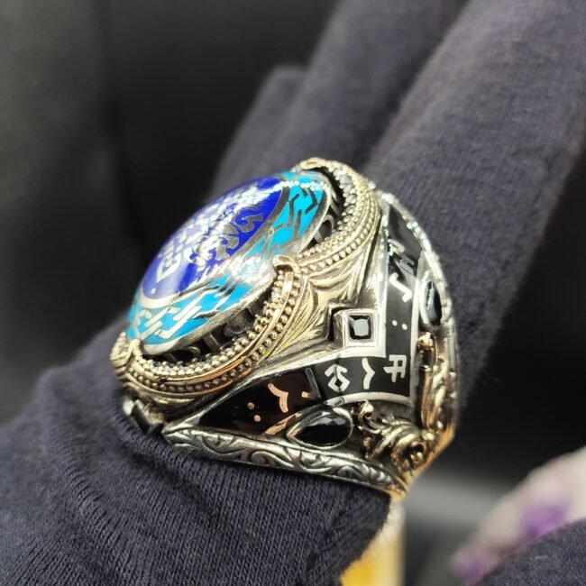 925 Ayar Gümüş Özel Tasarım 35 Gram Erkek Yüzük Mavi Yeşil Mineli Taşlı