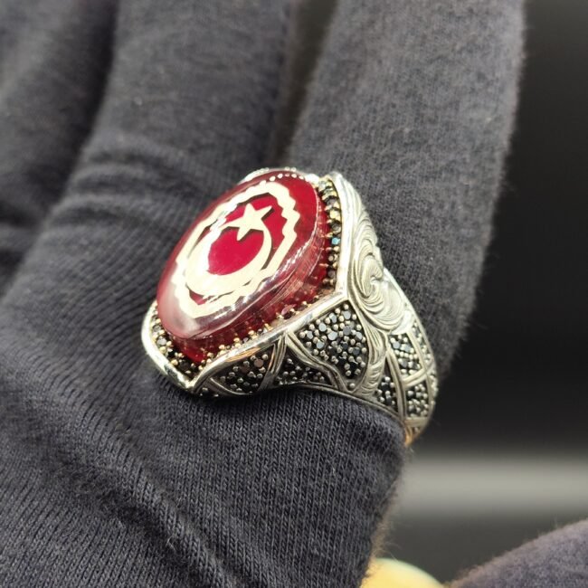 925 Ayar Gümüş 19 Gram Erkek Yüzük Kırmızı Mineli Ay Yıldız Taşlı Özel Tasarım