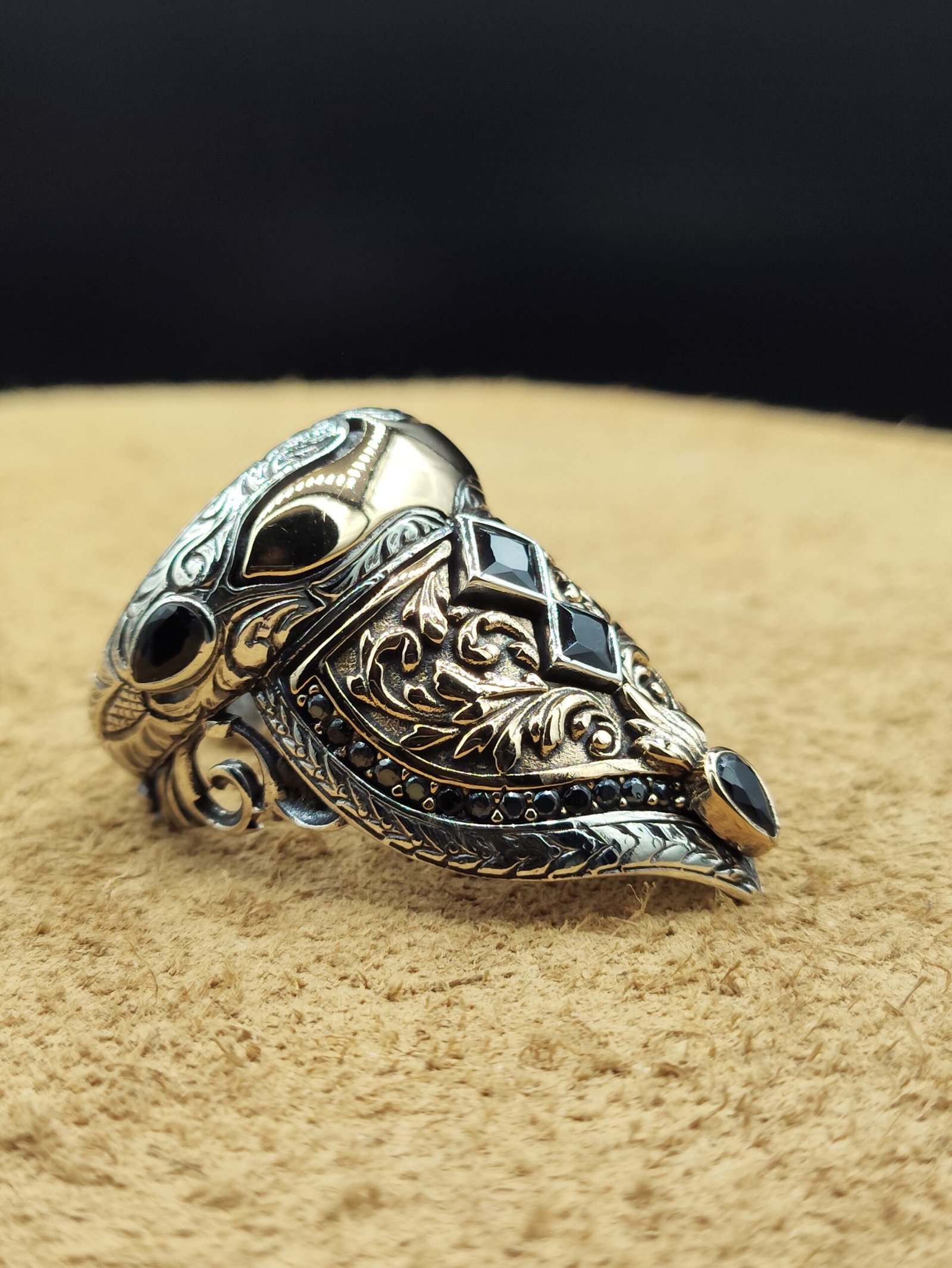 925 Ayar Gümüş 19 Gram Erkek Yüzük Siyah Zirkon Taşlı Özel Tasarım Ayarlanabilir Ölçü - Görsel 3