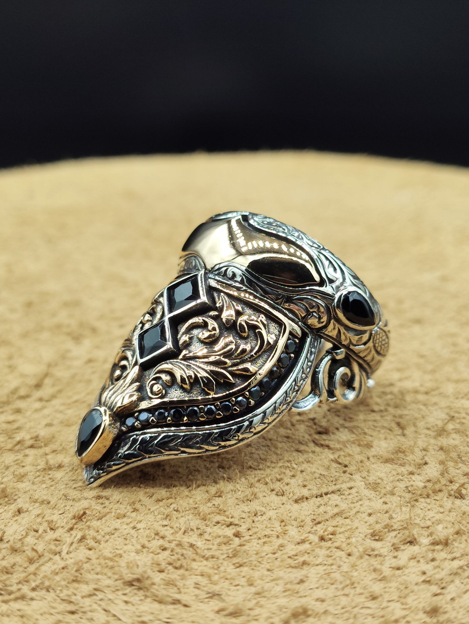 925 Ayar Gümüş 19 Gram Erkek Yüzük Siyah Zirkon Taşlı Özel Tasarım Ayarlanabilir Ölçü - Görsel 4