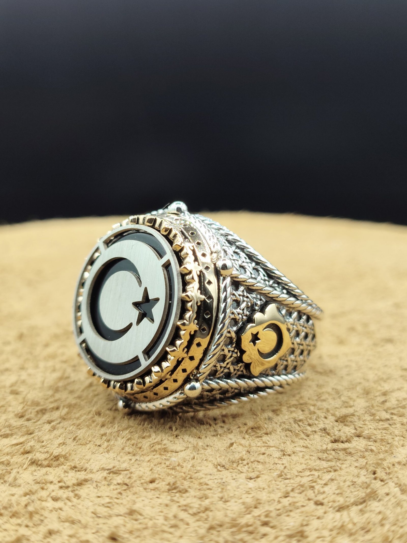 925 Ayar Gümüş Ay Yıldız Model Zirkon Taşlı Erkek Yüzük – 22 Gram Özel Tasarım - Görsel 3