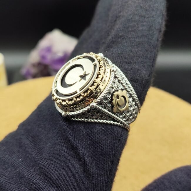 925 Ayar Gümüş Ay Yıldız Model Zirkon Taşlı Erkek Yüzük – 22 Gram Özel Tasarım