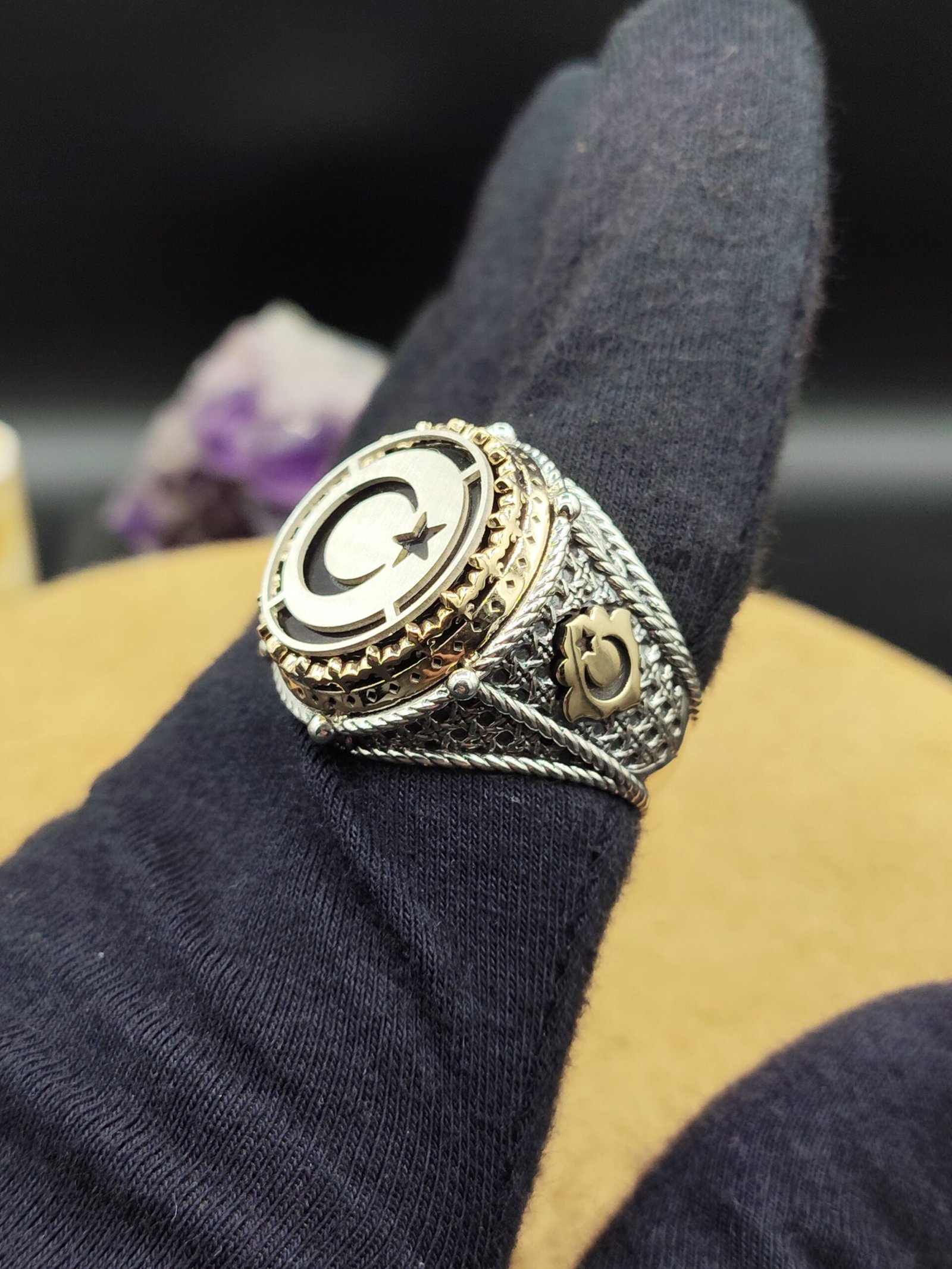 925 Ayar Gümüş Ay Yıldız Model Zirkon Taşlı Erkek Yüzük – 22 Gram Özel Tasarım