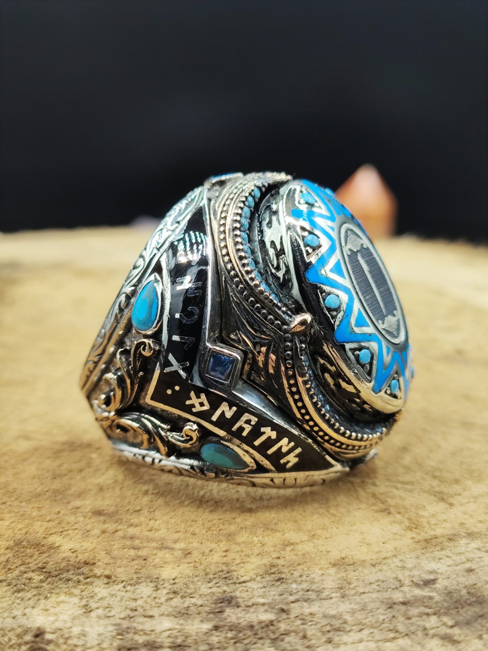 Arapça Elif Harfli Özel Tasarım 925 Ayar Gümüş Erkek Yüzük | El İşçiliği – 34 Gram - Görsel 3