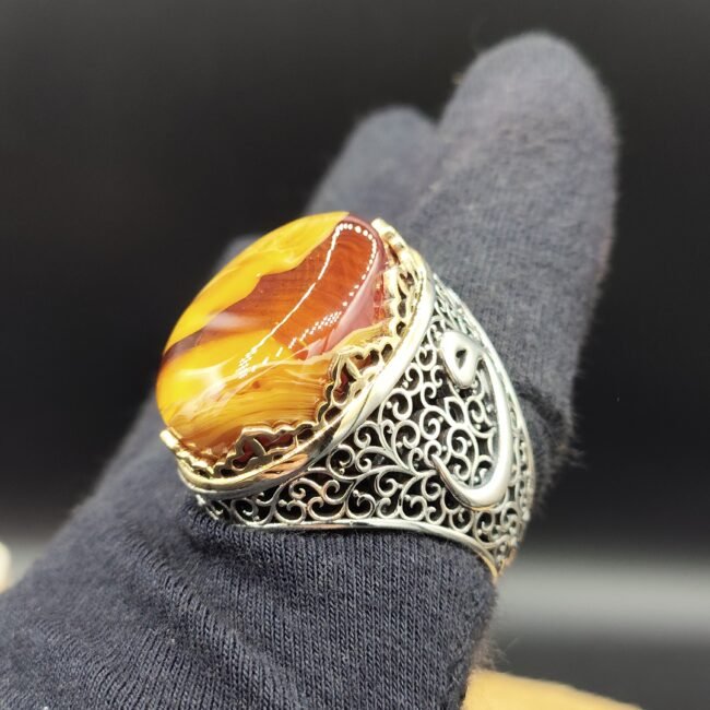 21 Gram Doğal Akik Taşlı 925 Ayar Gümüş Erkek Yüzük – Vav Harfli Özel Tasarım