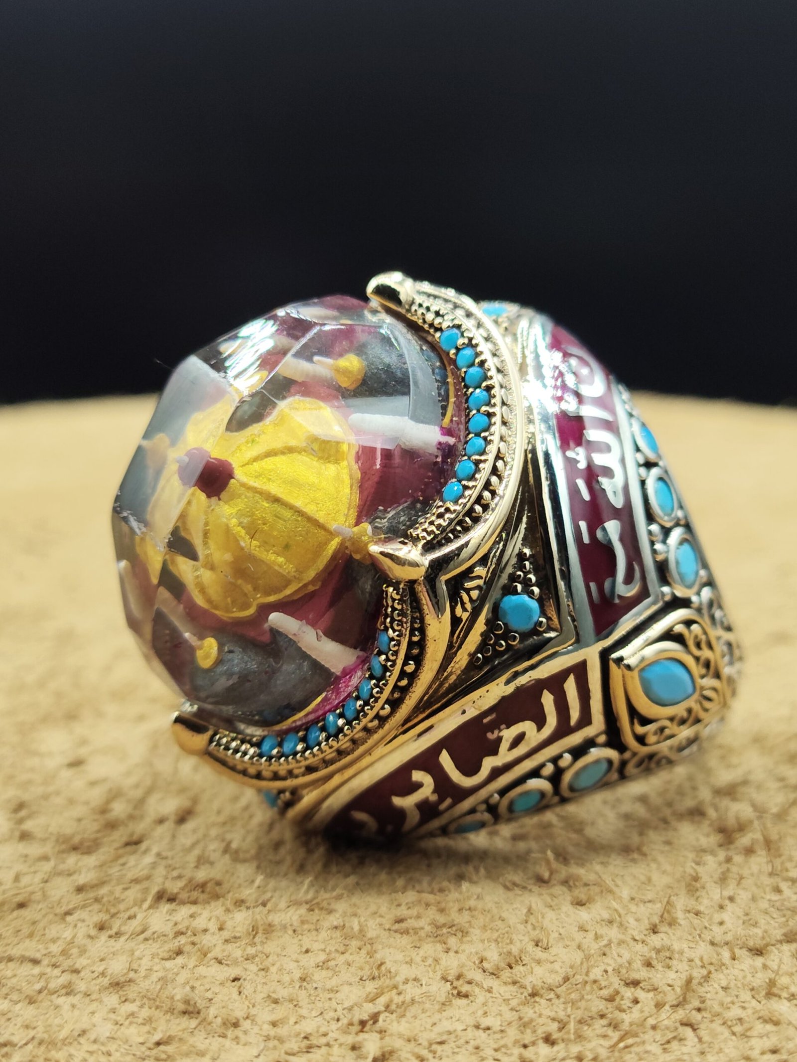 30 Gram 925 Ayar Gümüş Erkek Yüzük – Cami Motifli Büyük Bombeli Taşlı Özel Tasarım - Görsel 3