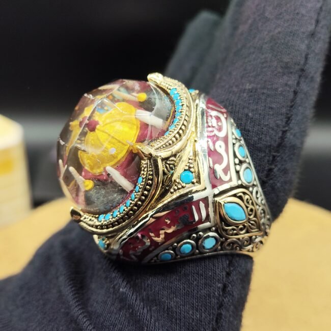 30 Gram 925 Ayar Gümüş Erkek Yüzük – Cami Motifli Büyük Bombeli Taşlı Özel Tasarım