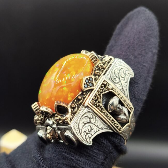 925 Ayar Gümüş 38 Gram Opal Taşlı Kadı Model Erkek Yüzük Özel Tasarım
