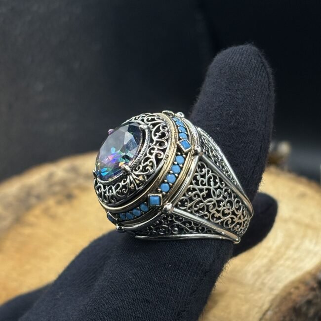 Mistik Topaz Taşlı Özel Tasarım 925 Ayar Gümüş Erkek Yüzük – 29 gr