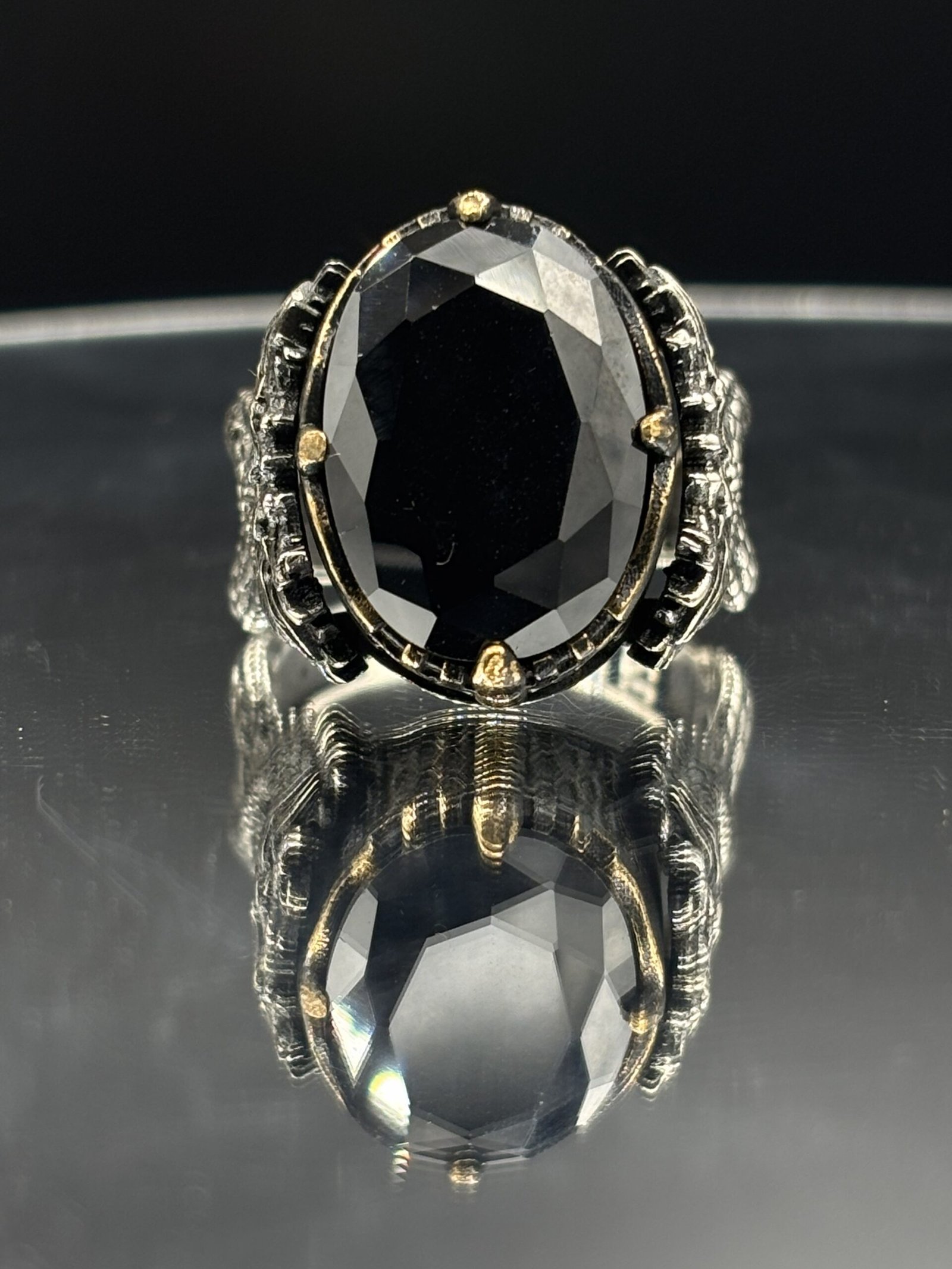 Siyah Oniks Taşlı Özel Tasarım 925 Ayar Gümüş Erkek Yüzük – 19 gr - Görsel 3