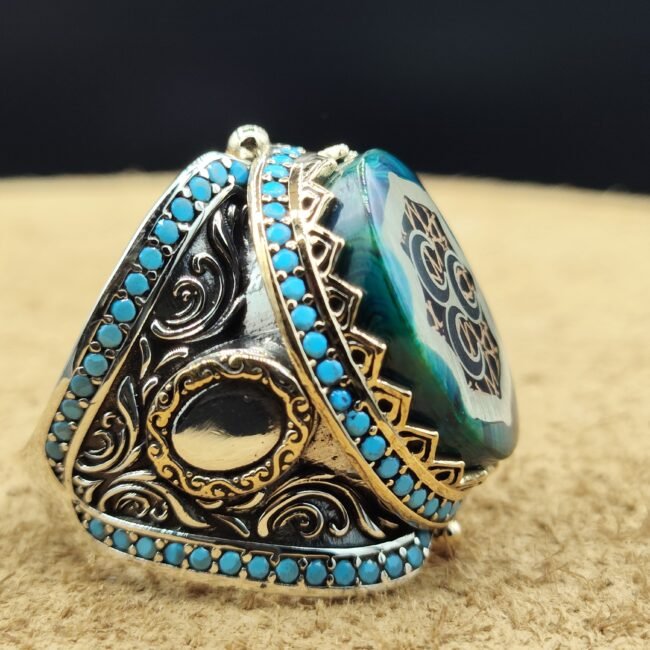 925 Ayar Gümüş 19 Gram Üç Hilal Motifli Erkek Yüzük Turkuaz Detaylı Özel Tasarım
